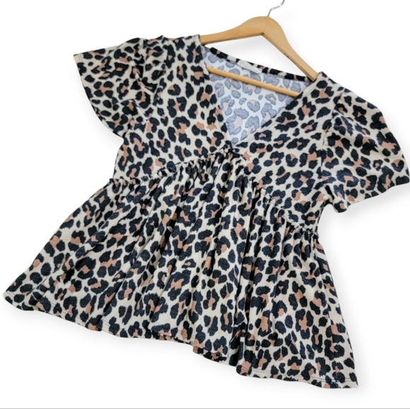 Ee:Some Leopard Print V-Neck Women's Top Size Small Empire Waist Gathered Ruffle - Picture 1 of 12